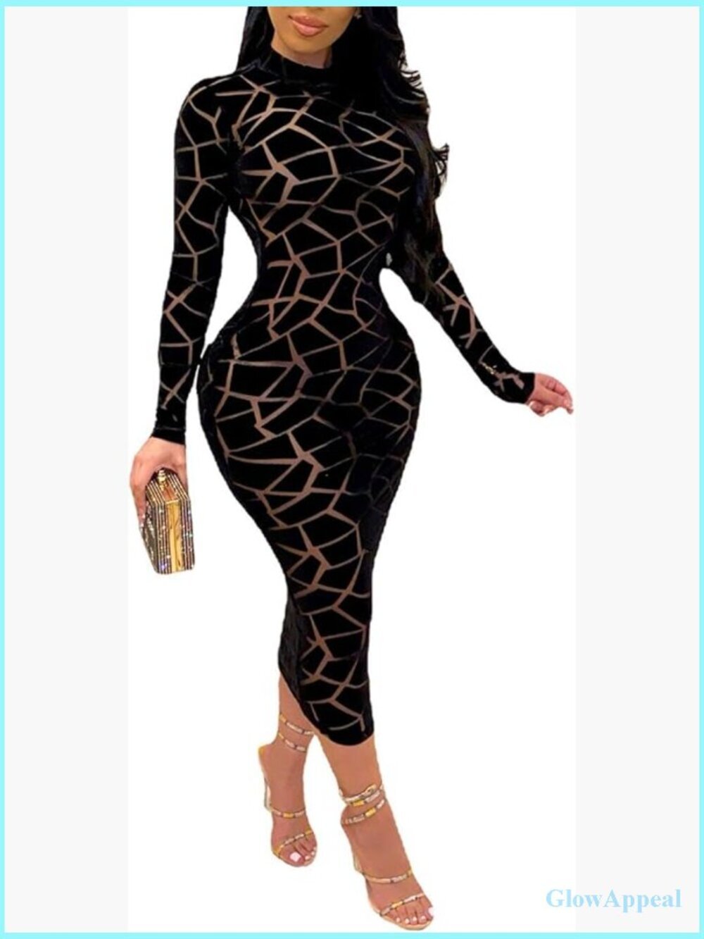 Sheer Mesh Bodycon Midi Dress Long Sleeve See Through Clubwear